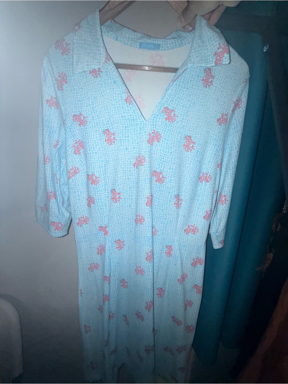J. McLaughlin Pale Blue Midi Dress with Pink Coral Print
